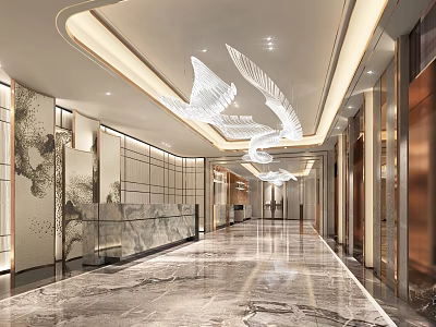 Elegant Modern Hotel Lobby Interior Design With Marble Floor And Bird Shaped Chandeliers 3d model