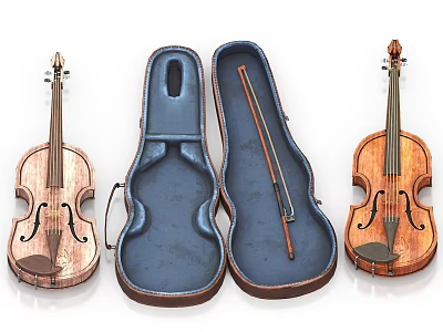 Vintage Wooden Violins With Blue Cases And Bow For Musical Instruments 3d model