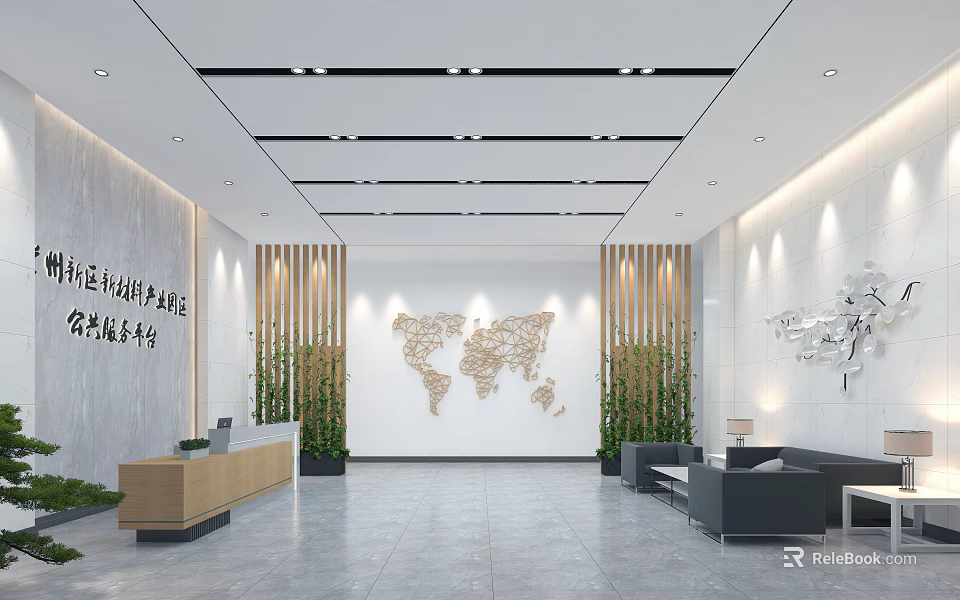 Modern Service Hall Interior With World Map Wooden Grilles Sofa Front Desk And Green Plants 3d model 