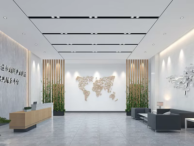 Modern Service Hall Interior With World Map Wooden Grilles Sofa Front Desk And Green Plants 3d model