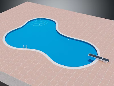 Swimming Pool Design Featuring Irregular Shape Blue Water Pink Tiled Flooring And Diving Board 3d model