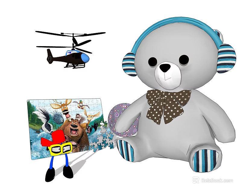 Cute Gray Stuffed Bear Toy With Blue Headphones Polka Dot Scarf And Striped Paws 3d model 