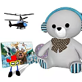 Cute Gray Stuffed Bear Toy With Blue Headphones Polka Dot Scarf And Striped Paws