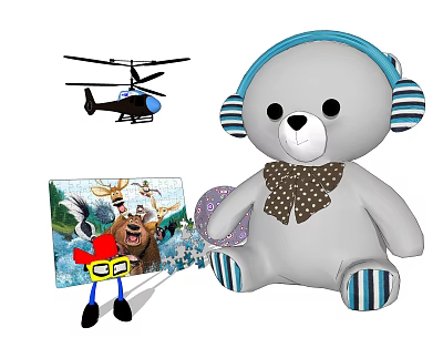 Cute Gray Stuffed Bear Toy With Blue Headphones Polka Dot Scarf And Striped Paws 3d model