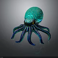 Turquoise Octopus with Spotted Body Yellow Eyes and Long Tentacles on Dark Background with Reflection