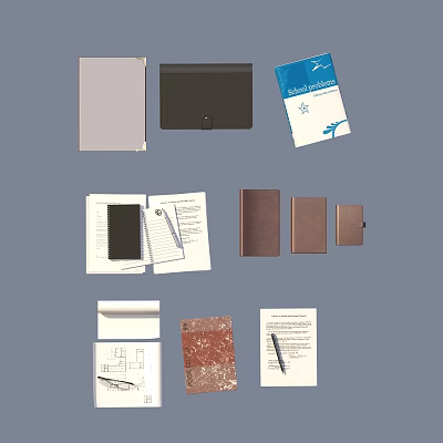 Assorted Stationery Collection With Leather Notebooks Paper Folders And Pen In Different Styles 3d model