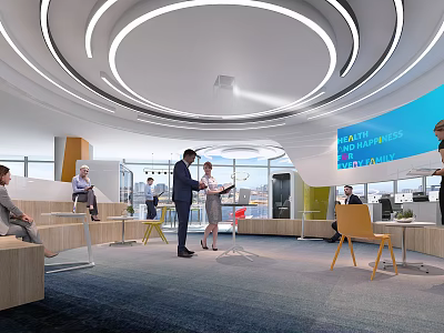 Modern Lounge Area Design With Circular Lighting People Interacting And Comfortable Seating 3d model