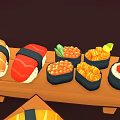 Fresh Salmon Sushi Platter With Various Types On Wooden Trays And Ingredients