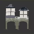 Traditional Architecture With White Brown Facade Dark Roof On Stone Bridge Over Water Surface