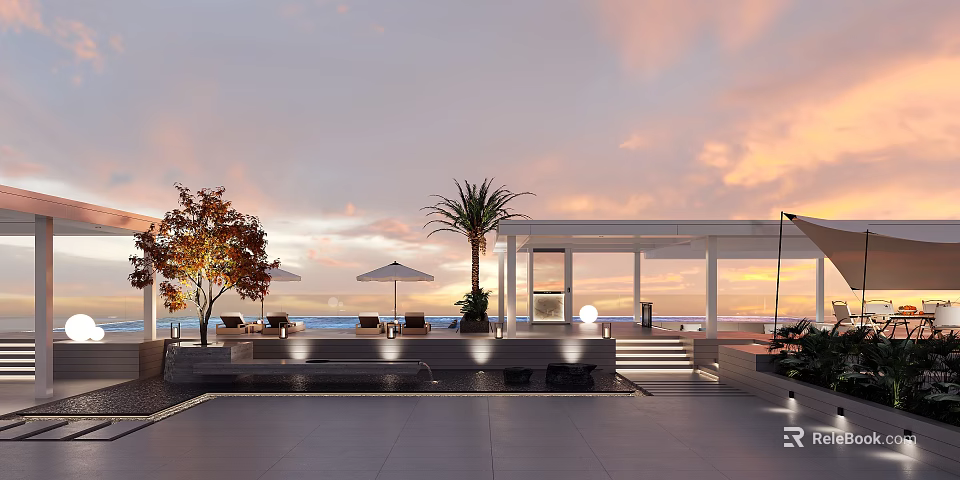 Modern Outdoor Terrace With Sunset Sky Palm Tree Umbrella And Ocean View 3d model 