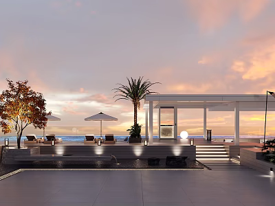 Modern Outdoor Terrace With Sunset Sky Palm Tree Umbrella And Ocean View 3d model
