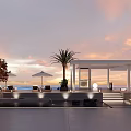 Modern Outdoor Terrace With Sunset Sky Palm Tree Umbrella And Ocean View