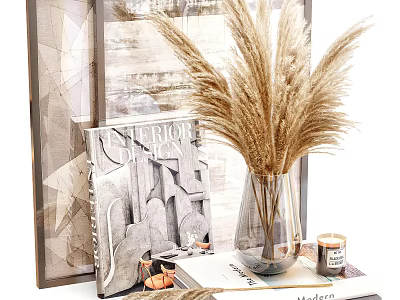 Stylish Decorative Ornament Set With Pampas Grass Glass Vase Art Print And Candle 3d model