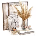 Stylish Decorative Ornament Set With Pampas Grass Glass Vase Art Print And Candle