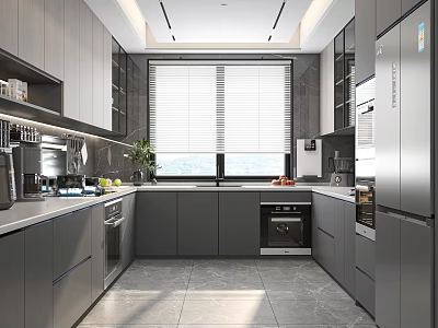 Modern Open Kitchen Interior Design With Gray Cabinets Island Counter And Appliances 3d model
