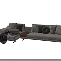 Light Gray Sectional Sofa with Multiple Patterned Pillows Wooden Side Table and Throw Blanket 3d model