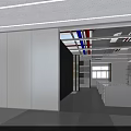 Modern Minimalist Office Open Space Featuring White Tone Gray Floor Glass Partition And Display Shelves