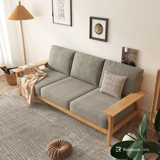 Gray Three Seater Sofa With Wooden Frame Accent Pillow And Throw Blanket On Area Rug 3d model 