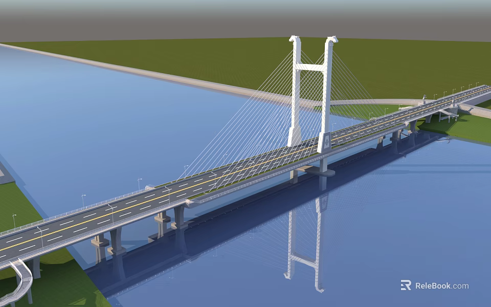 Modern Cable Stayed Bridge Spanning Water With White Pylons Road Lanes Reflection And Green Banks 3d model 