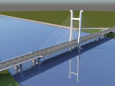 Modern Cable Stayed Bridge Spanning Water With White Pylons Road Lanes Reflection And Green Banks 3d model