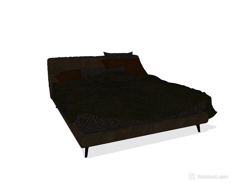 Modern Dark Double Bed With Simple Frame Comfortable Mattress And Stylish Pillows 3d model