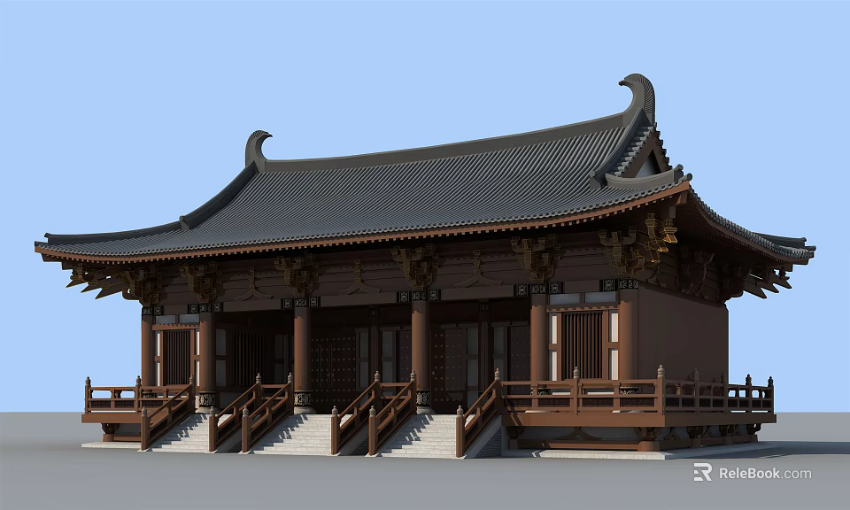 Ancient Chinese Architecture With Curved Eaves Black Tiles Wooden Columns And Stone Steps 3d model 
