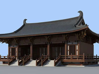 Ancient Chinese Architecture With Curved Eaves Black Tiles Wooden Columns And Stone Steps 3d model