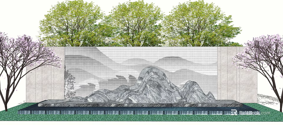 Building Exterior Wall With Mountain Water Pattern And Green Trees Background 3d model