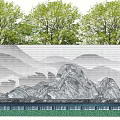 Building Exterior Wall With Mountain Water Pattern And Green Trees Background 3d model