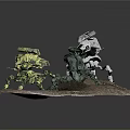 Three Detailed Multi Legged Mechanical Creatures In Action Poses On Rock Base