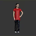 Child In Red T Shirt Dark Jeans With Necklace And White Shoes On Grey Background