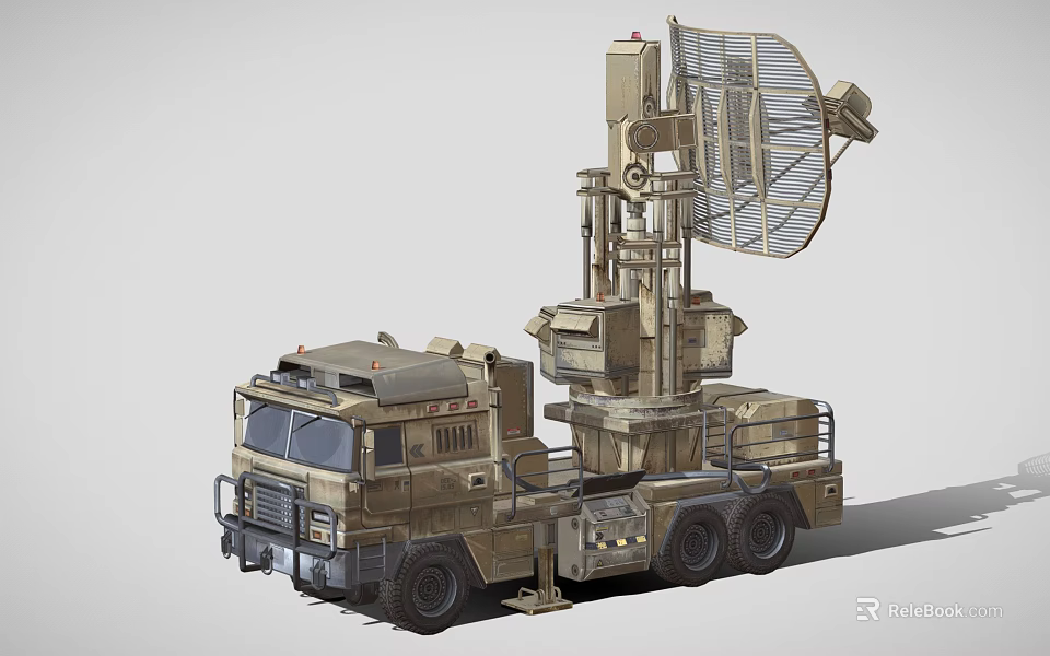 Military Mobile Radar Vehicle Featuring Large Antenna And Camouflage Truck Design 3d model 