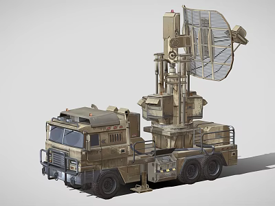 Military Mobile Radar Vehicle Featuring Large Antenna And Camouflage Truck Design 3d model
