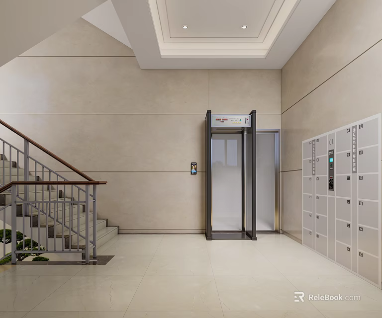 Modern Elevator Lobby With Staircase Lockers And Light Colored Walls 3d model