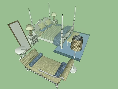 Classic Double Bed Bedroom Interior With Bedside Tables Lamps Rug Mirror And Sofa Chair 3d model