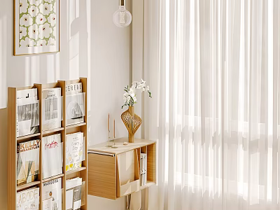 Modern Display Shelf In Minimalist Interior With Magazines And Vase Under Natural Light 3d model