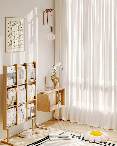 Modern Display Shelf In Minimalist Interior With Magazines And Vase Under Natural Light 3d model