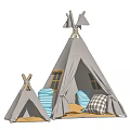Small And Large Teepee Tents With Wooden Poles Colorful Pillows And Window Details