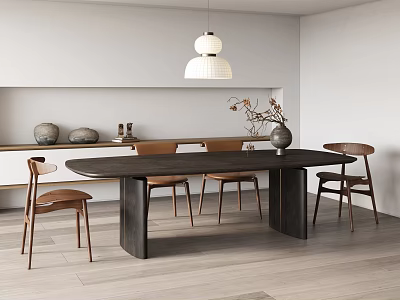 Modern Dining Table Set with Dark Wooden Top and Wooden Chairs Pendant Light Decorative Vases 3d model