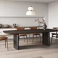 Modern Dining Table Set with Dark Wooden Top and Wooden Chairs Pendant Light Decorative Vases