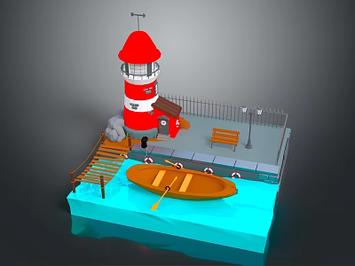 Traditional Wooden Rowing Boat Near Red Lighthouse Dock With Bench And Street Lamp 3d model