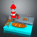 Traditional Wooden Rowing Boat Near Red Lighthouse Dock With Bench And Street Lamp