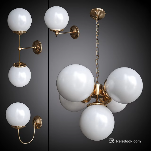 Modern Lighting Combinations With Wall Mounted And Ceiling Pendant White Spherical Shades Golden Metal Frames 3d model 