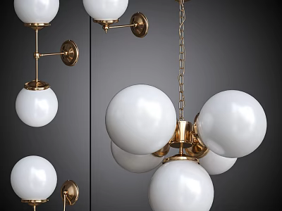 Modern Lighting Combinations With Wall Mounted And Ceiling Pendant White Spherical Shades Golden Metal Frames 3d model