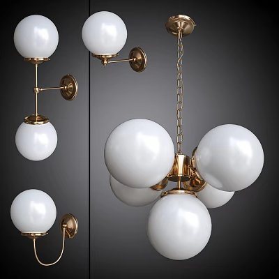 Modern Lighting Combinations With Wall Mounted And Ceiling Pendant White Spherical Shades Golden Metal Frames 3d model