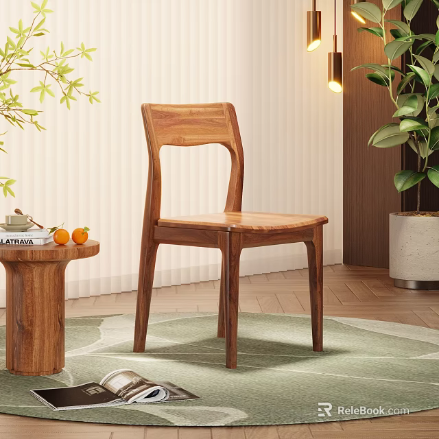 Natural Wooden Dining Chair With Side Table Fruits Mug Plants And Green Rug 3d model 