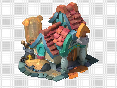Colorful Cartoon Fairy Tale House With Red Tiled Roof Green Window Frames And Arched Door 3d model