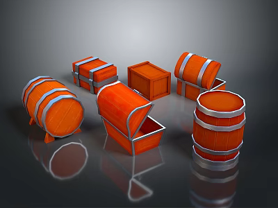 Orange Wooden Barrels And Open Closed Crates With Silver Hoops Storage Supplies 3d model
