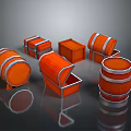 Orange Wooden Barrels And Open Closed Crates With Silver Hoops Storage Supplies