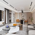 Modern Living Dining Room With Open Layout Large TV Marble Coffee Table And Orange Seating